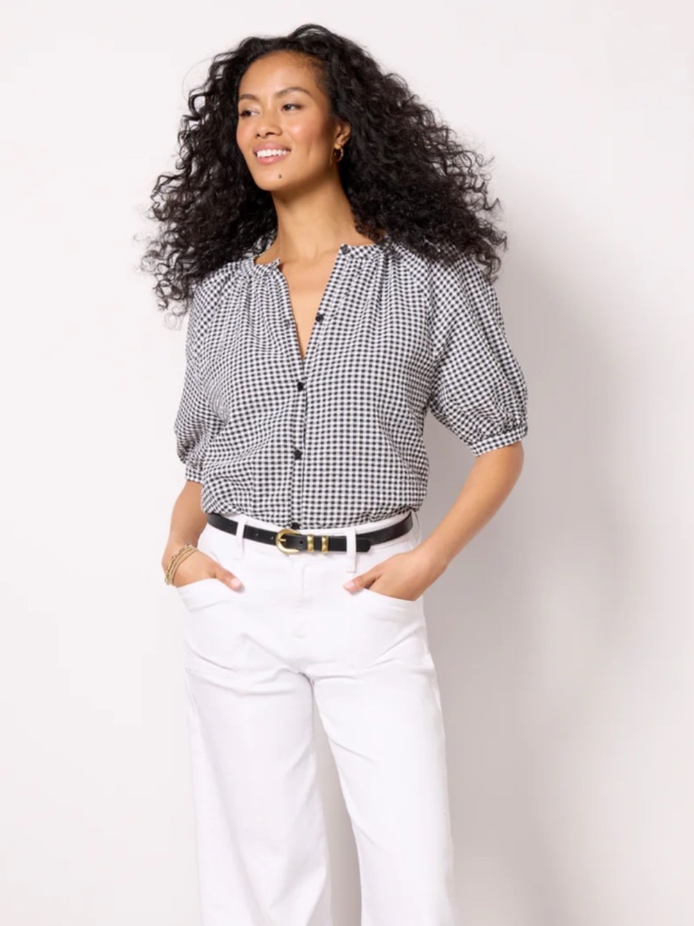 Evereve Black & White Gingham Button-Front Blouse